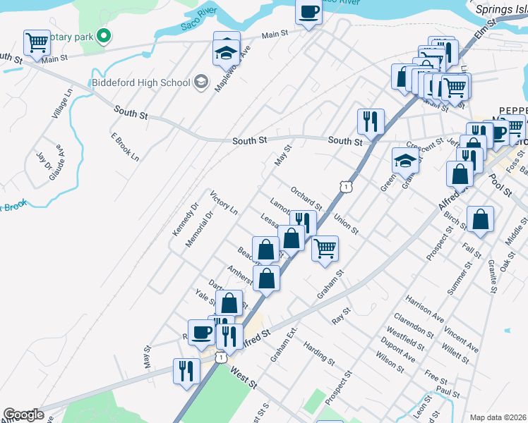 map of restaurants, bars, coffee shops, grocery stores, and more near 28 Lessard Avenue in Biddeford