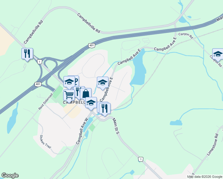 map of restaurants, bars, coffee shops, grocery stores, and more near 116 Campbell Avenue East in Milton