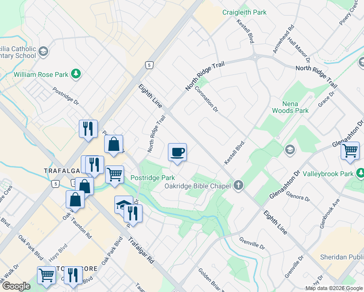 map of restaurants, bars, coffee shops, grocery stores, and more near 531 Ravineview Way in Oakville