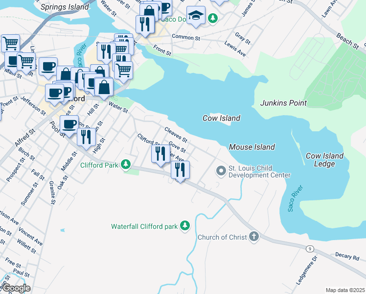 map of restaurants, bars, coffee shops, grocery stores, and more near 33 Gove Street in Biddeford