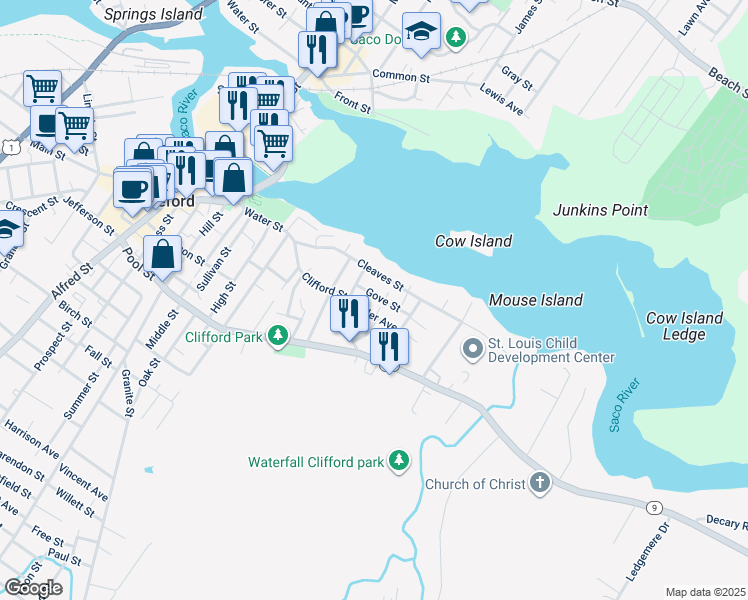 map of restaurants, bars, coffee shops, grocery stores, and more near in Biddeford
