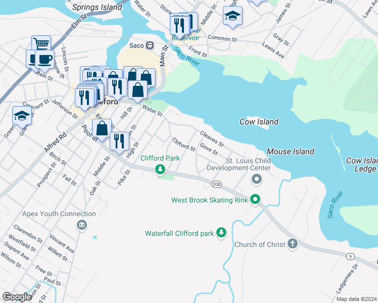 map of restaurants, bars, coffee shops, grocery stores, and more near 21 George Street in Biddeford