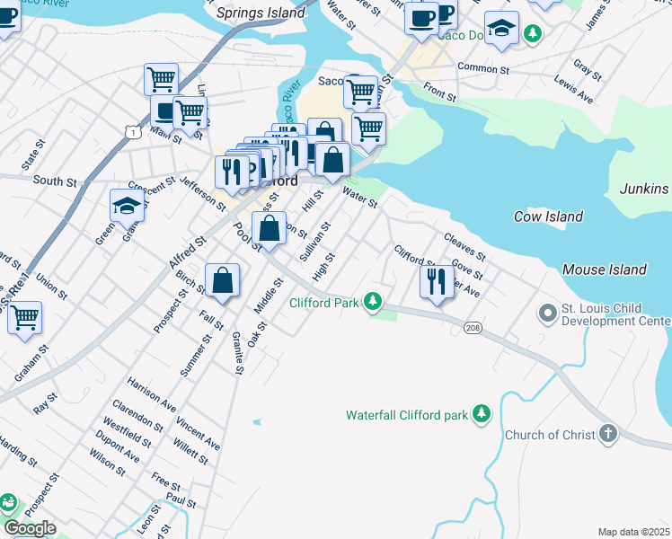 map of restaurants, bars, coffee shops, grocery stores, and more near 77 High Street in Biddeford
