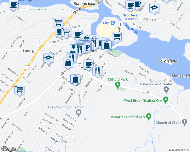 map of restaurants, bars, coffee shops, grocery stores, and more near 65 Pool Street in Biddeford