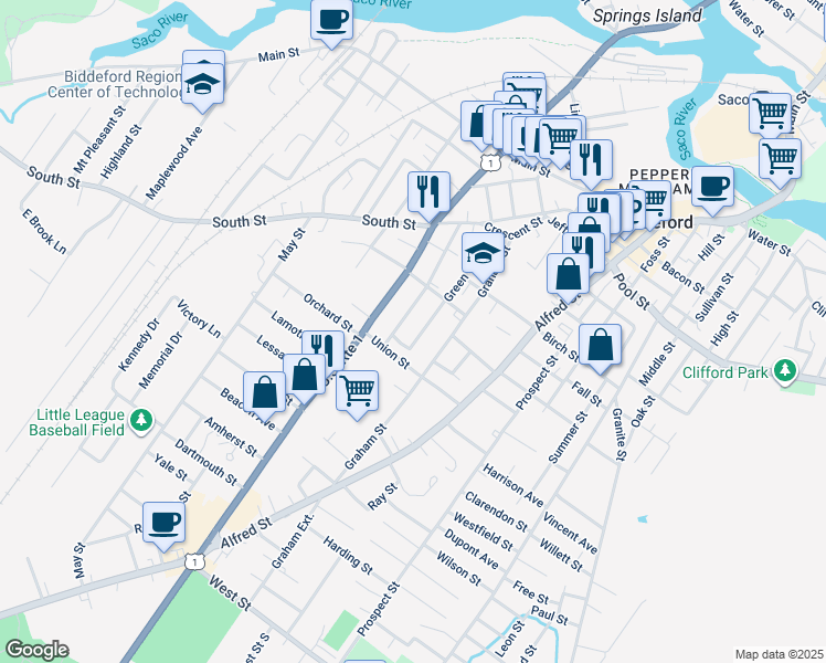 map of restaurants, bars, coffee shops, grocery stores, and more near 98 Green Street in Biddeford