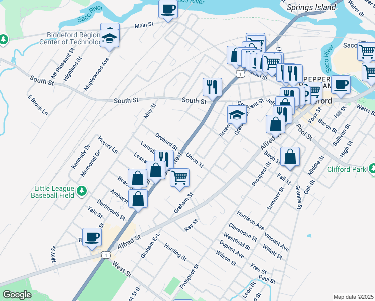 map of restaurants, bars, coffee shops, grocery stores, and more near 7 Union Street in Biddeford