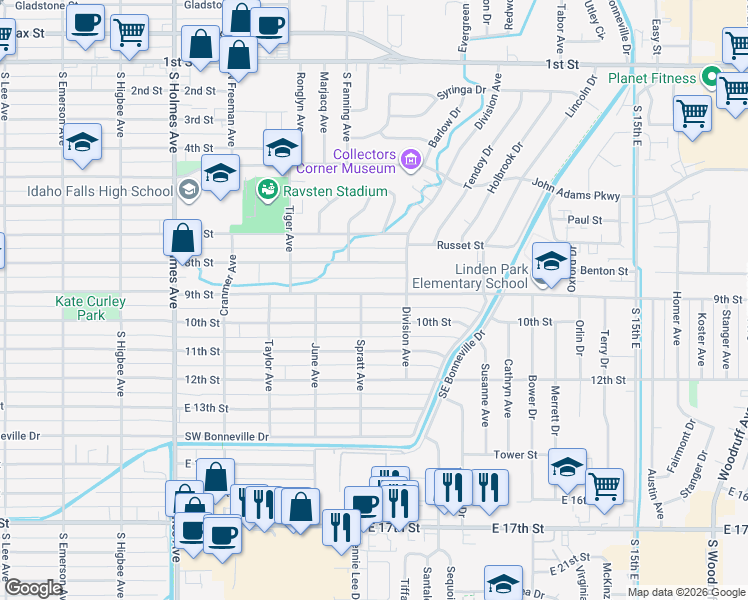 map of restaurants, bars, coffee shops, grocery stores, and more near 900 9th Street in Idaho Falls