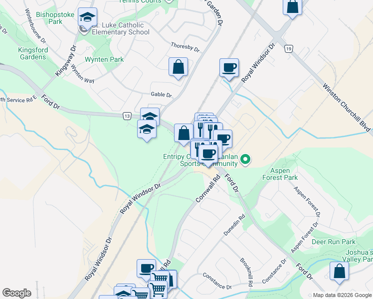map of restaurants, bars, coffee shops, grocery stores, and more near 2273 Royal Windsor Drive in Oakville