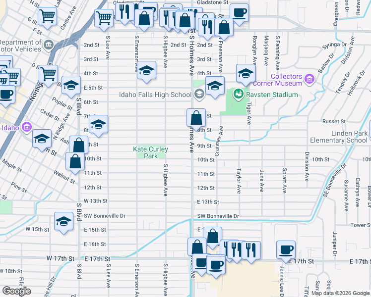 map of restaurants, bars, coffee shops, grocery stores, and more near 474 9th St in Idaho Falls