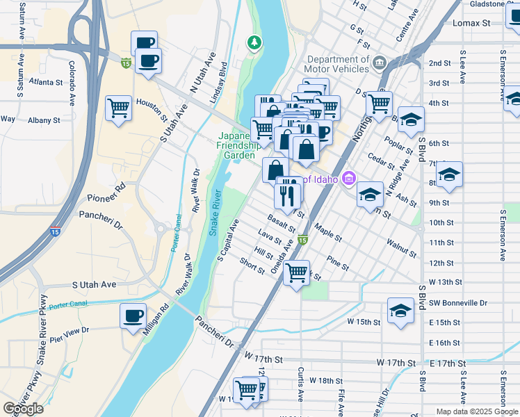 map of restaurants, bars, coffee shops, grocery stores, and more near 348 Basalt Street in Idaho Falls