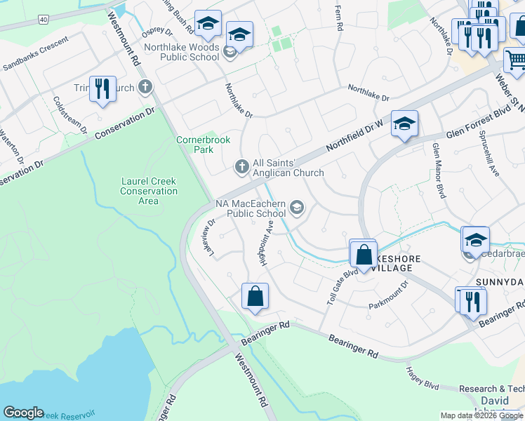 map of restaurants, bars, coffee shops, grocery stores, and more near 657 Highpoint Avenue in Waterloo