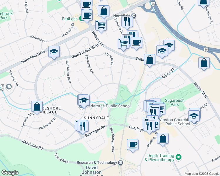 map of restaurants, bars, coffee shops, grocery stores, and more near 177 A Cedarvale Crescent in Waterloo