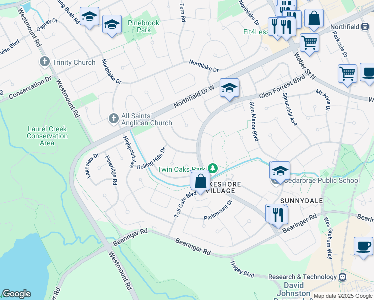 map of restaurants, bars, coffee shops, grocery stores, and more near 518 Havelock Drive in Waterloo
