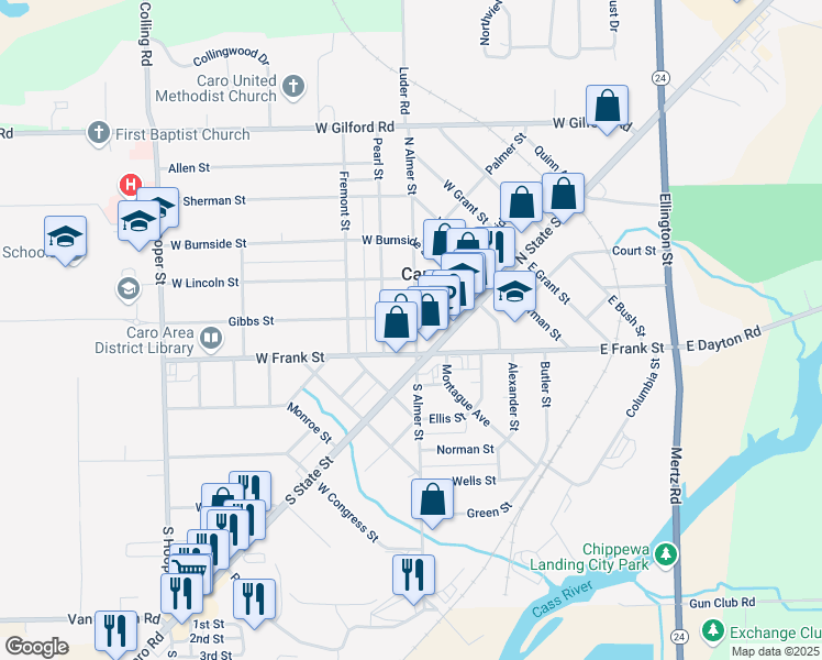 map of restaurants, bars, coffee shops, grocery stores, and more near 21 North Almer Street in Caro