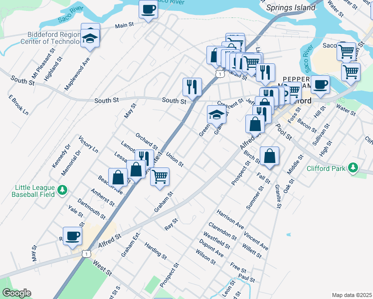 map of restaurants, bars, coffee shops, grocery stores, and more near 98 Green Street in Biddeford