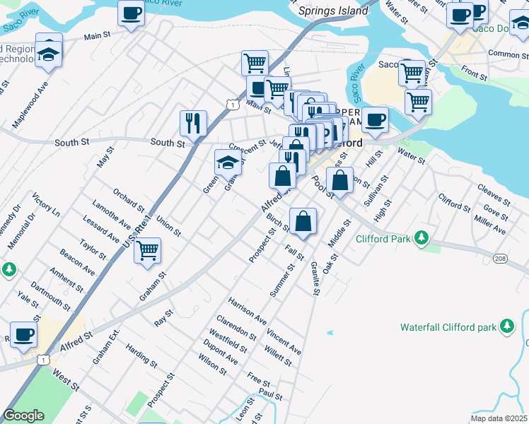 map of restaurants, bars, coffee shops, grocery stores, and more near 42 Birch Street in Biddeford