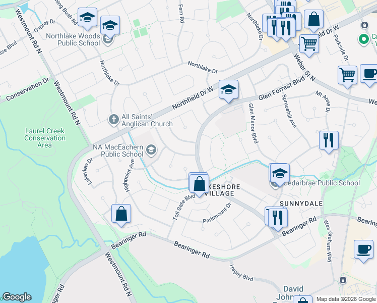 map of restaurants, bars, coffee shops, grocery stores, and more near 514 Havelock Drive in Waterloo