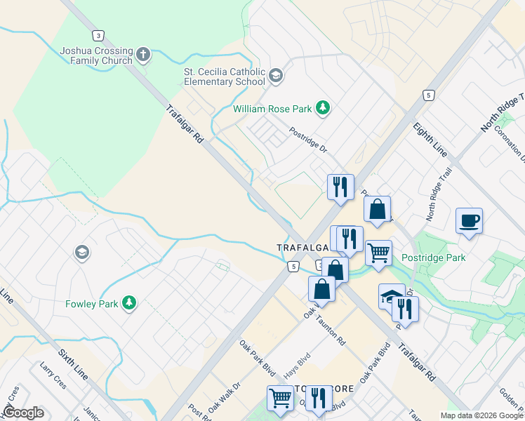 map of restaurants, bars, coffee shops, grocery stores, and more near 3070 Trafalgar Road in Oakville