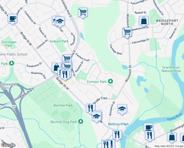 map of restaurants, bars, coffee shops, grocery stores, and more near 278 Marengo Court in Waterloo