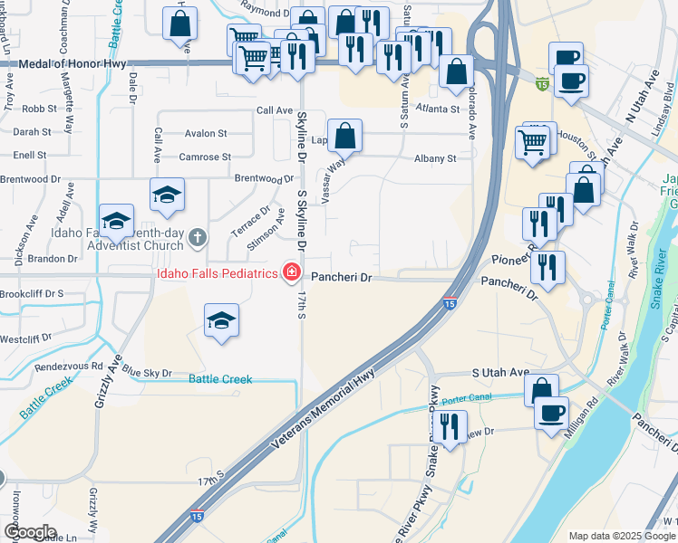 map of restaurants, bars, coffee shops, grocery stores, and more near 1566 Pancheri Drive in Idaho Falls