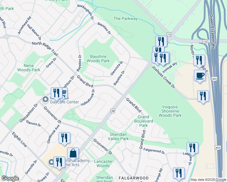 map of restaurants, bars, coffee shops, grocery stores, and more near 2032 Grand Boulevard in Oakville