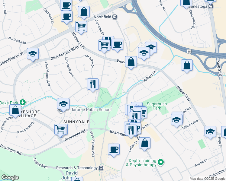 map of restaurants, bars, coffee shops, grocery stores, and more near 736 Old Albert Street in Waterloo