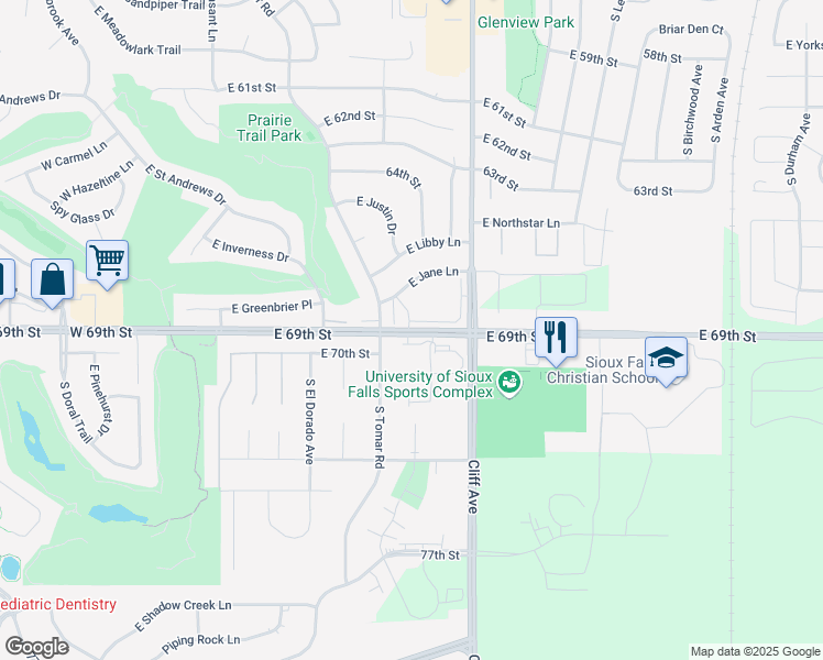 map of restaurants, bars, coffee shops, grocery stores, and more near 976 East 69th Street in Sioux Falls