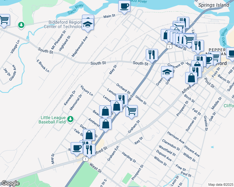 map of restaurants, bars, coffee shops, grocery stores, and more near 16 Lamothe Avenue in Biddeford