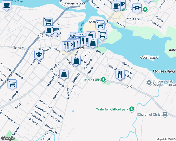 map of restaurants, bars, coffee shops, grocery stores, and more near 77 High Street in Biddeford