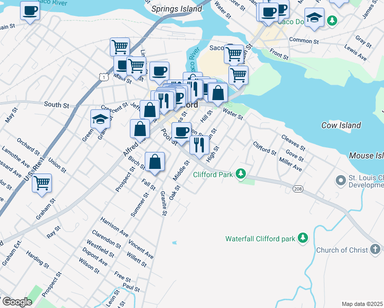 map of restaurants, bars, coffee shops, grocery stores, and more near 65 Pool Street in Biddeford