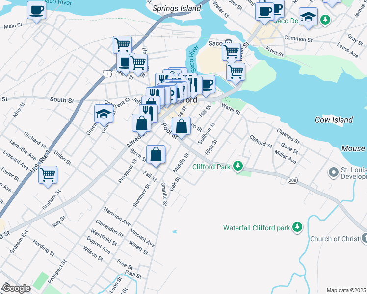 map of restaurants, bars, coffee shops, grocery stores, and more near 89 Hill Street in Biddeford