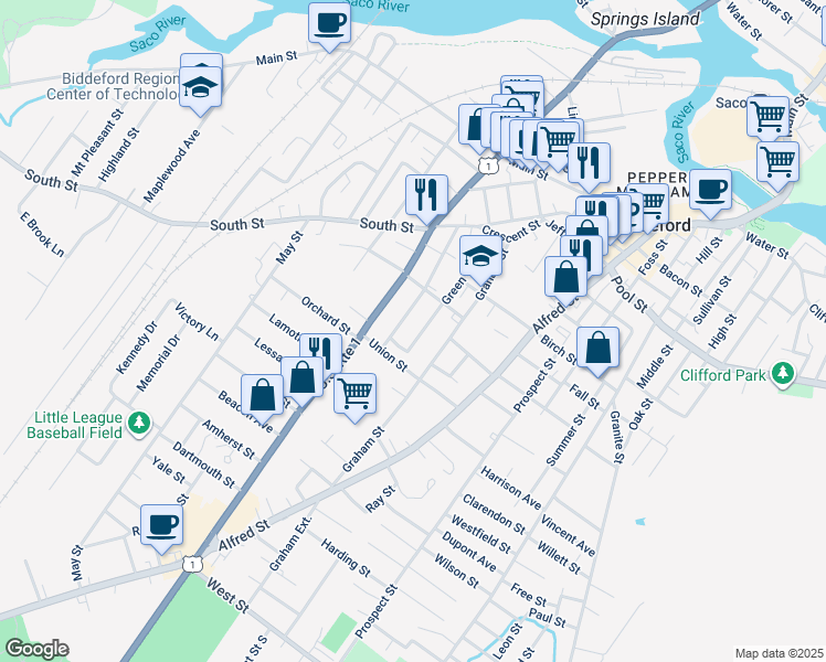 map of restaurants, bars, coffee shops, grocery stores, and more near 98 Green Street in Biddeford