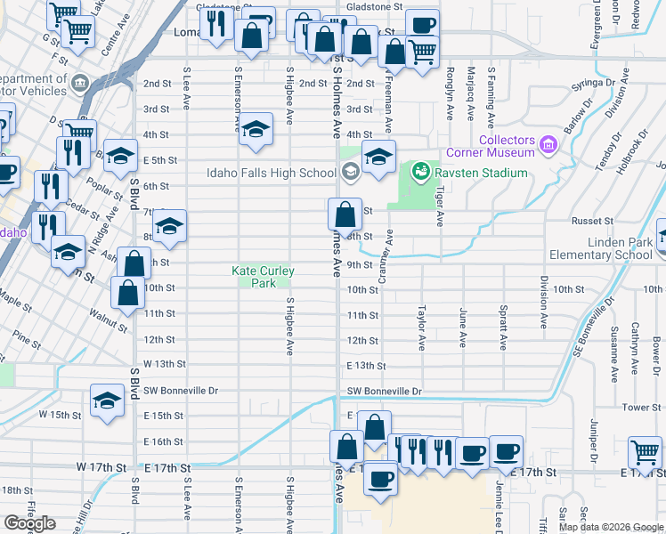 map of restaurants, bars, coffee shops, grocery stores, and more near 474 9th St in Idaho Falls