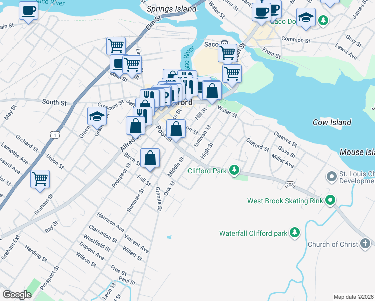 map of restaurants, bars, coffee shops, grocery stores, and more near 65 Pool Street in Biddeford