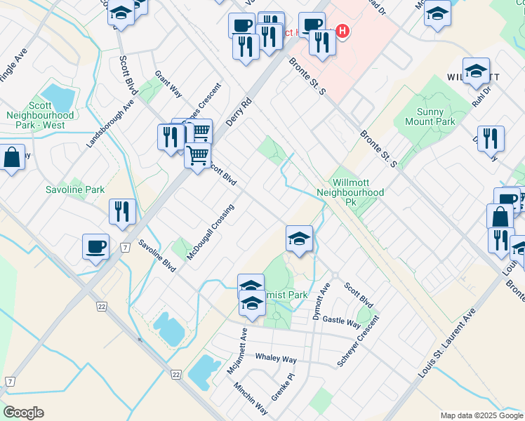 map of restaurants, bars, coffee shops, grocery stores, and more near 728 Scott Boulevard in Milton