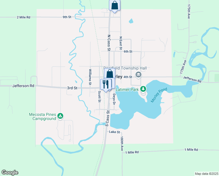 map of restaurants, bars, coffee shops, grocery stores, and more near 101 South Cass Street in Morley