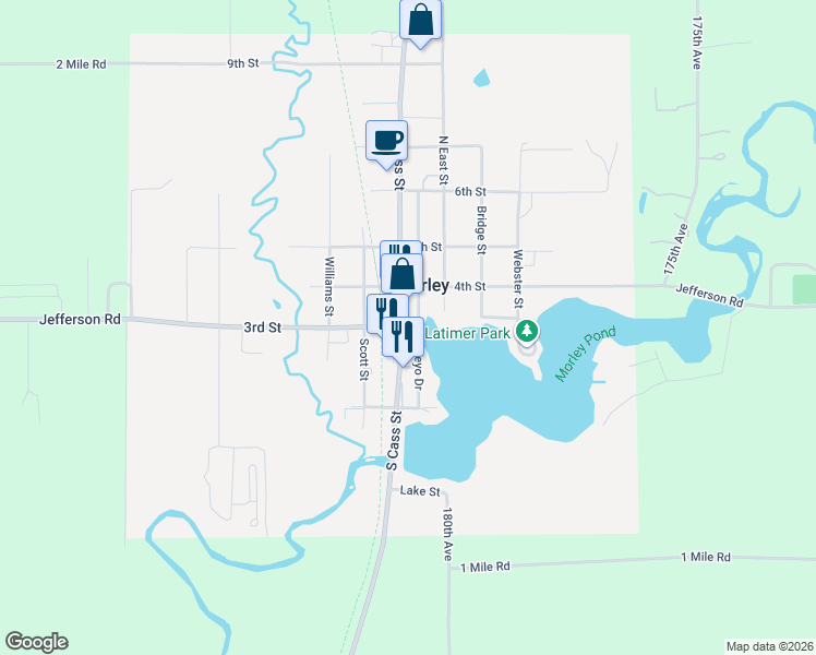 map of restaurants, bars, coffee shops, grocery stores, and more near 203 South Cass Street in Morley