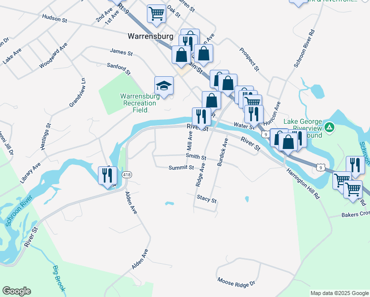 map of restaurants, bars, coffee shops, grocery stores, and more near 5 Mill Ave in Warrensburg