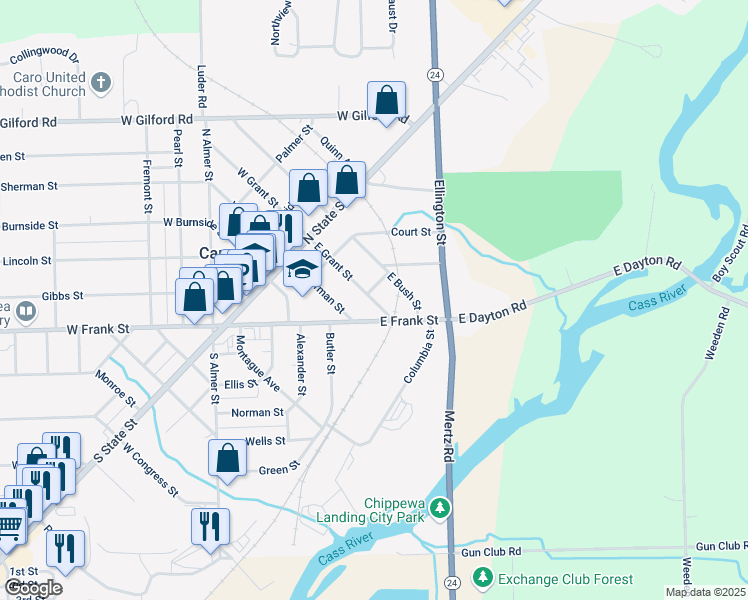 map of restaurants, bars, coffee shops, grocery stores, and more near 321 East Grant Street in Caro