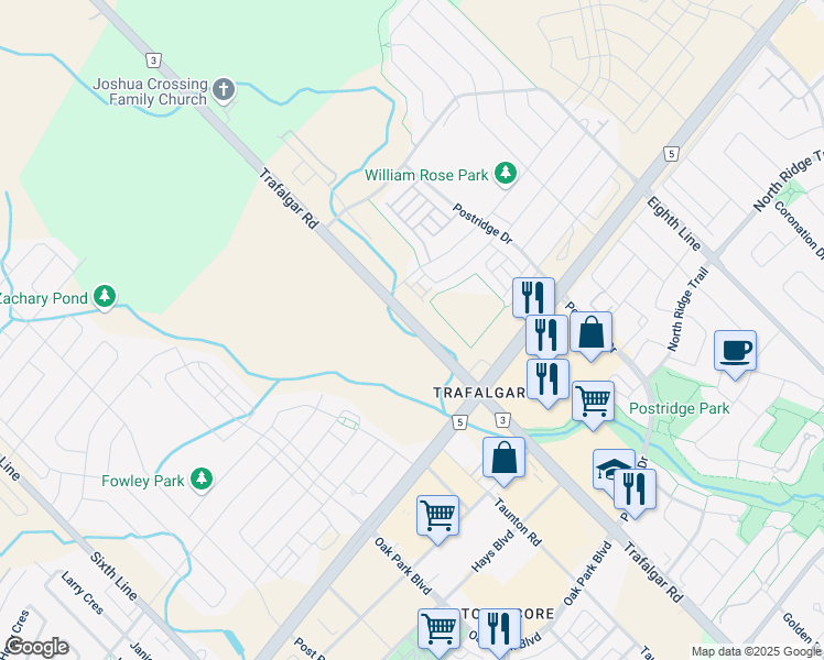 map of restaurants, bars, coffee shops, grocery stores, and more near 3070 Halton Regional Road 3 in Oakville