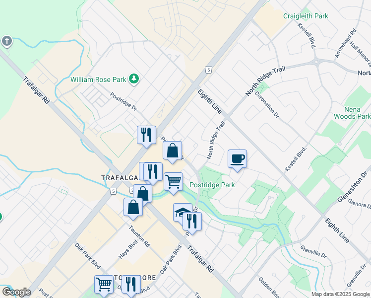 map of restaurants, bars, coffee shops, grocery stores, and more near 496 Postridge Drive in Oakville