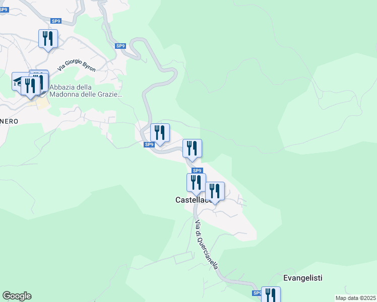 map of restaurants, bars, coffee shops, grocery stores, and more near Via di Quercianella in Castellaccio