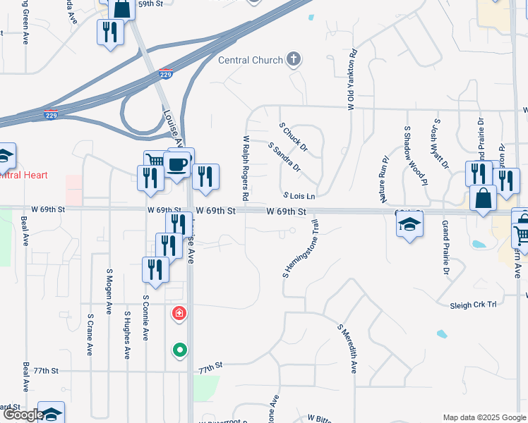 map of restaurants, bars, coffee shops, grocery stores, and more near West 69th Street in Sioux Falls