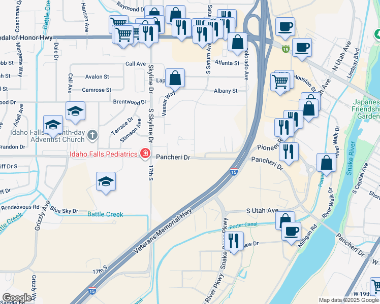 map of restaurants, bars, coffee shops, grocery stores, and more near 1566 Pancheri Drive in Idaho Falls