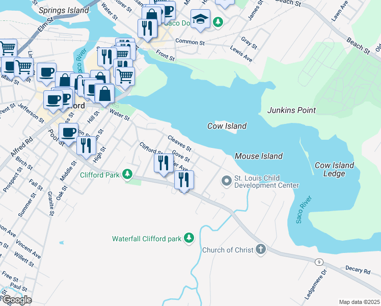 map of restaurants, bars, coffee shops, grocery stores, and more near 33 Gove Street in Biddeford