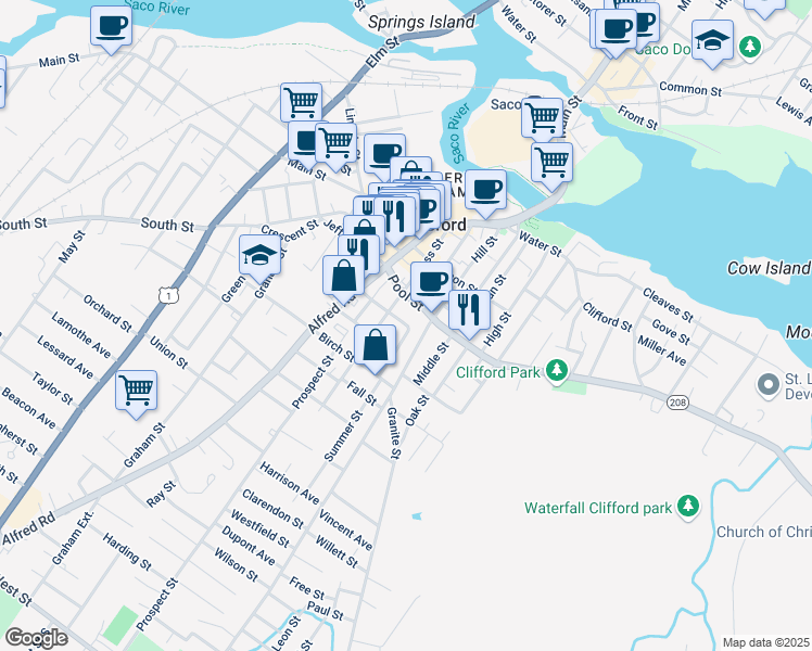 map of restaurants, bars, coffee shops, grocery stores, and more near 31 Mount Vernon Street in Biddeford