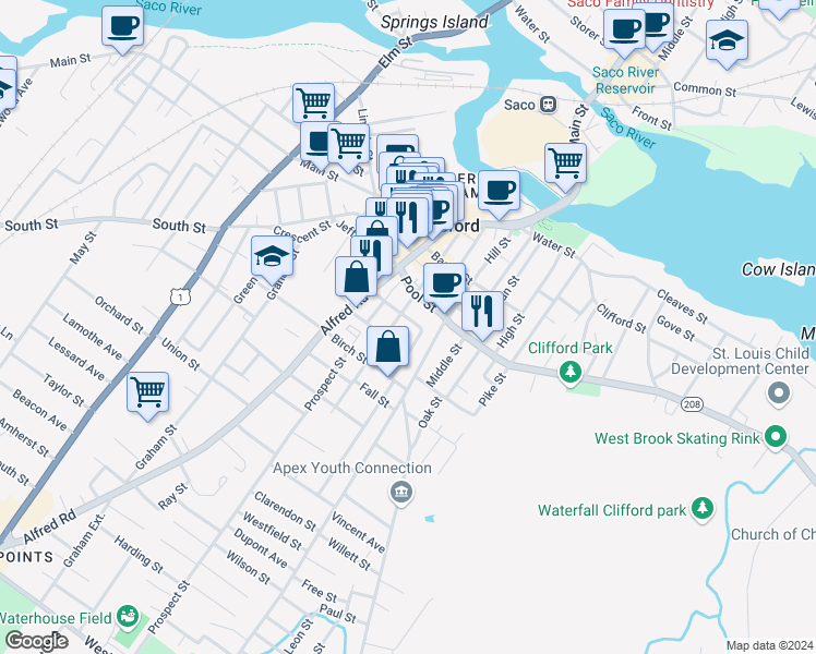 map of restaurants, bars, coffee shops, grocery stores, and more near 31 Mount Vernon Street in Biddeford