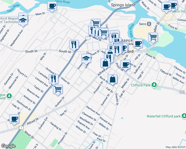 map of restaurants, bars, coffee shops, grocery stores, and more near 152 Alfred Street in Biddeford