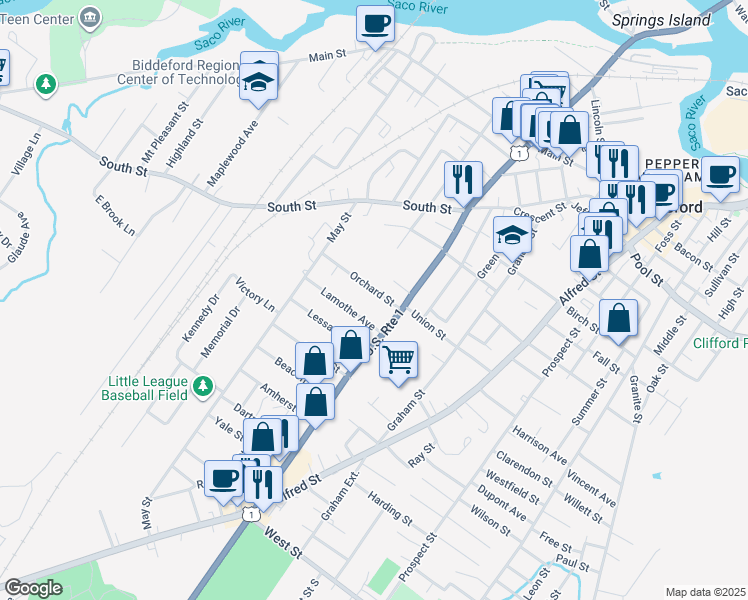 map of restaurants, bars, coffee shops, grocery stores, and more near 286 Elm Street in Biddeford