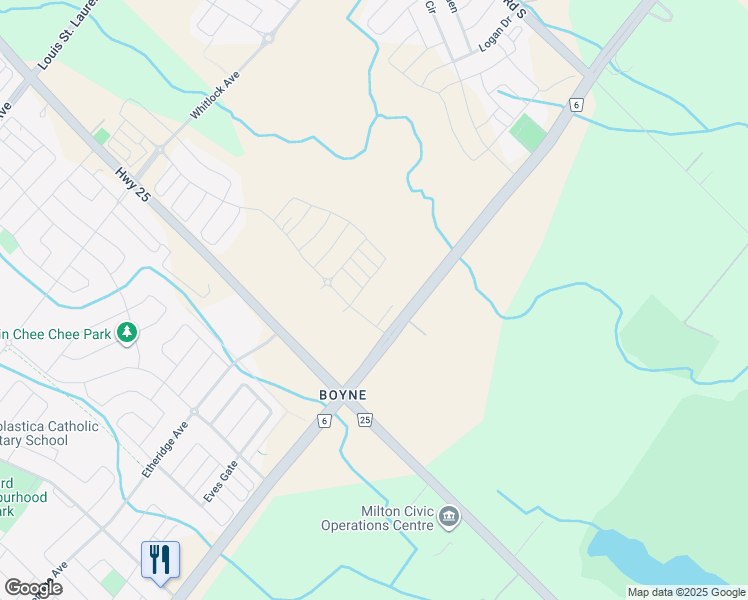 map of restaurants, bars, coffee shops, grocery stores, and more near 8175 Britannia Road in Milton